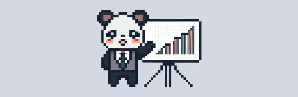 An image of a panda in a suit, pointing to a whiteboard with a graph. In pixel art